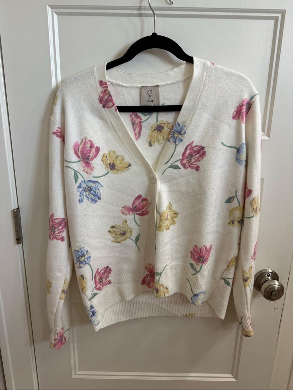Sioni White V-Neck Floral Cardigan with Pink, Yellow & Blue Tulips